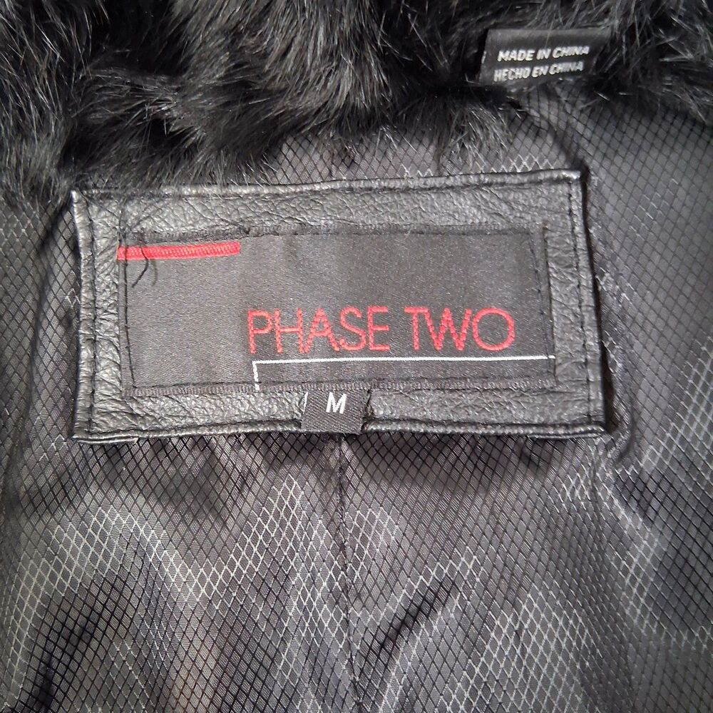 Vtg Phase Two Black Fur Jacket Leather Trim Sz M Mob Wife Coat 90s Goth Y2K Lux - Picture 7 of 12